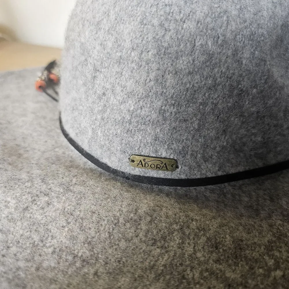 NWT‎ Adora Wide Brim 100% Wool Felted Gray Hat Fringe Southwest Boho Floppy OS